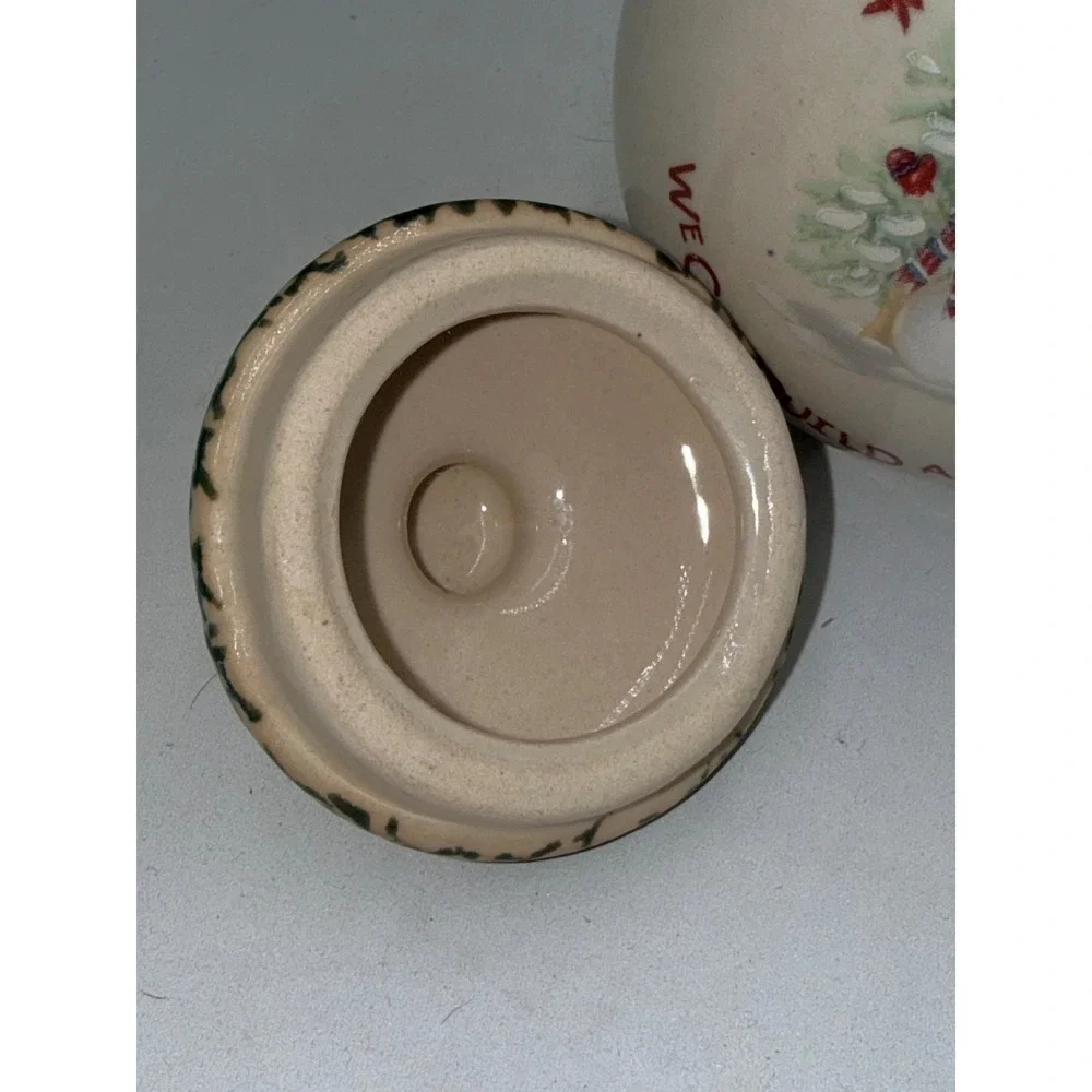 Unbranded Snowman Jam Jar Holiday Cream Green Excellent Stoneware Lidded Pot